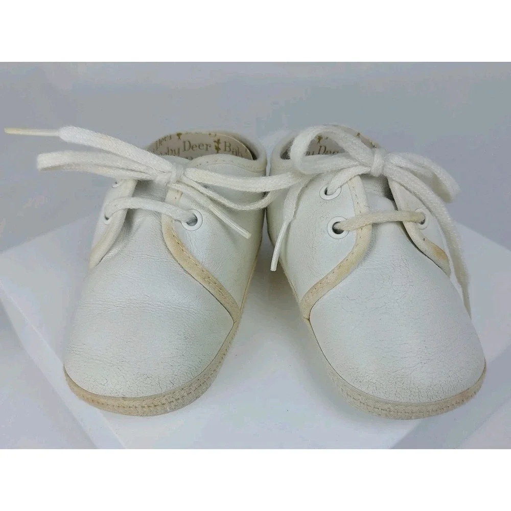 Vintage Baby Deer Infant‎ Crib Shoes Size 2 In Box White Leather Laceup